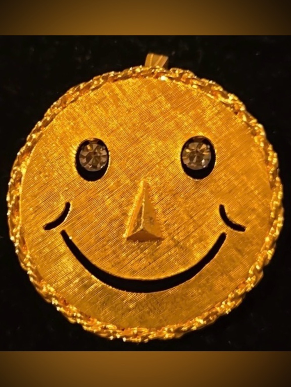 Vintage Smile Face Pendant & Brooch, Crystal Dangling eyes 2”x2” textured finish